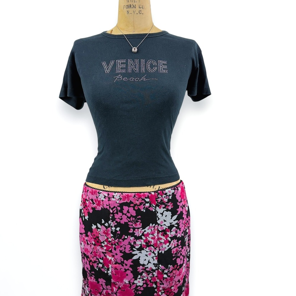 Y2K Rhinestone Baby Tee Bedazzled Venice Beach Slim Fit McBling 2000s Size S M